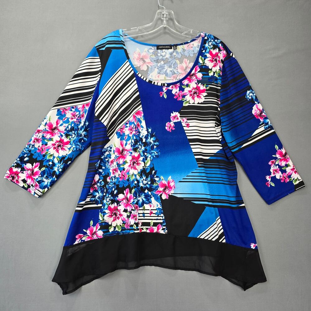 Notations Blue Black Floral Shirt Classic Scoop Neck 3/4 Sleeves Women's Size XL